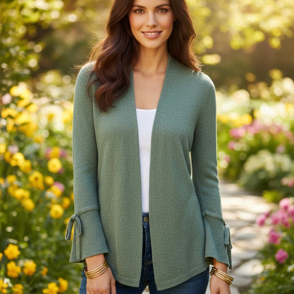 Loft XS Green Tie Sleeve Cardigan Sweater Cottage Coquette Boho Chic Earthy